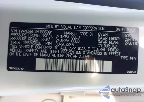 2021 Volvo Xc60 T5 Inscription z USA, uszkodzony, nr VIN YV4102RL2M1835091